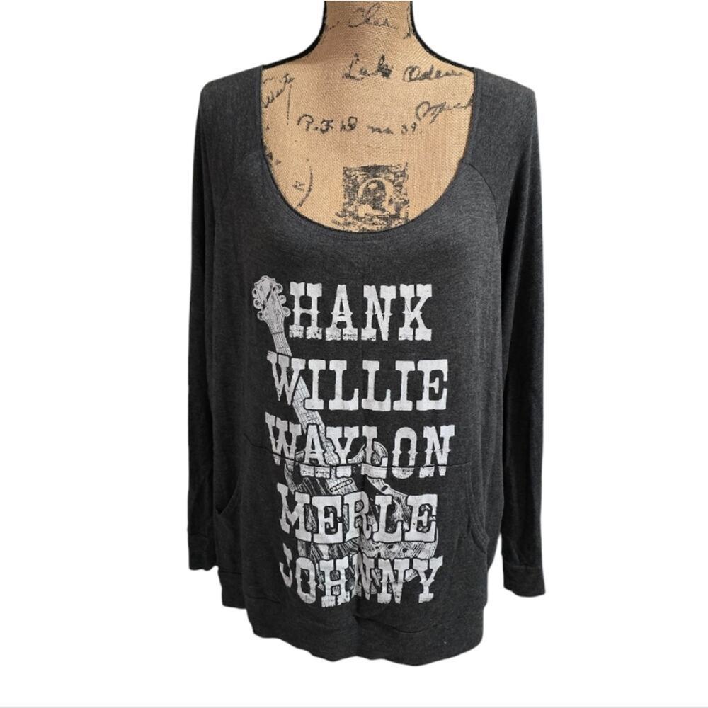 Country Music HANK WILLIE JOHNNY MERLE Gray Graphic Long Sleeve Top‎ L